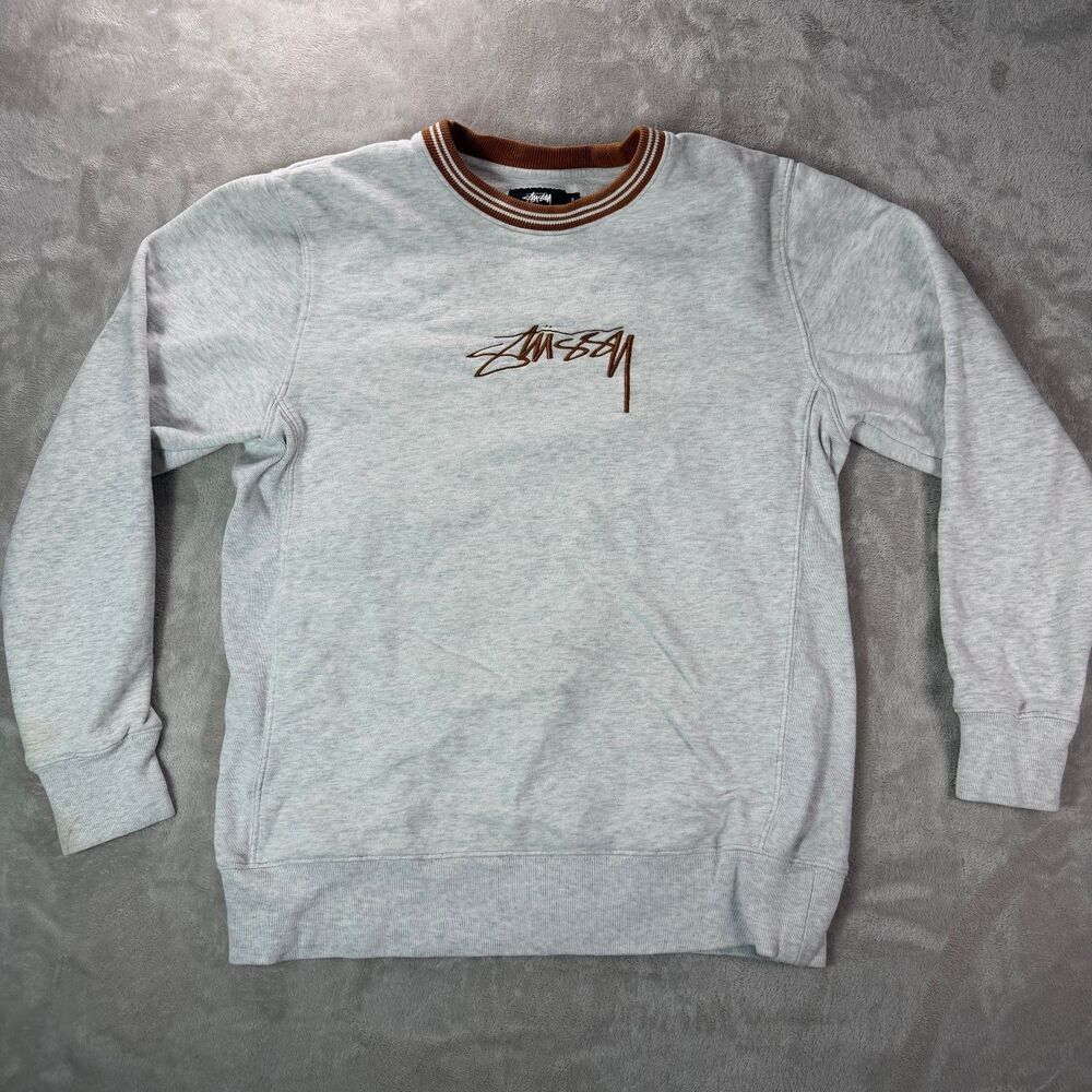 Stussy Crewneck Sweatshirt Mens S Gray Brown Embroidered Logo Striped Collar